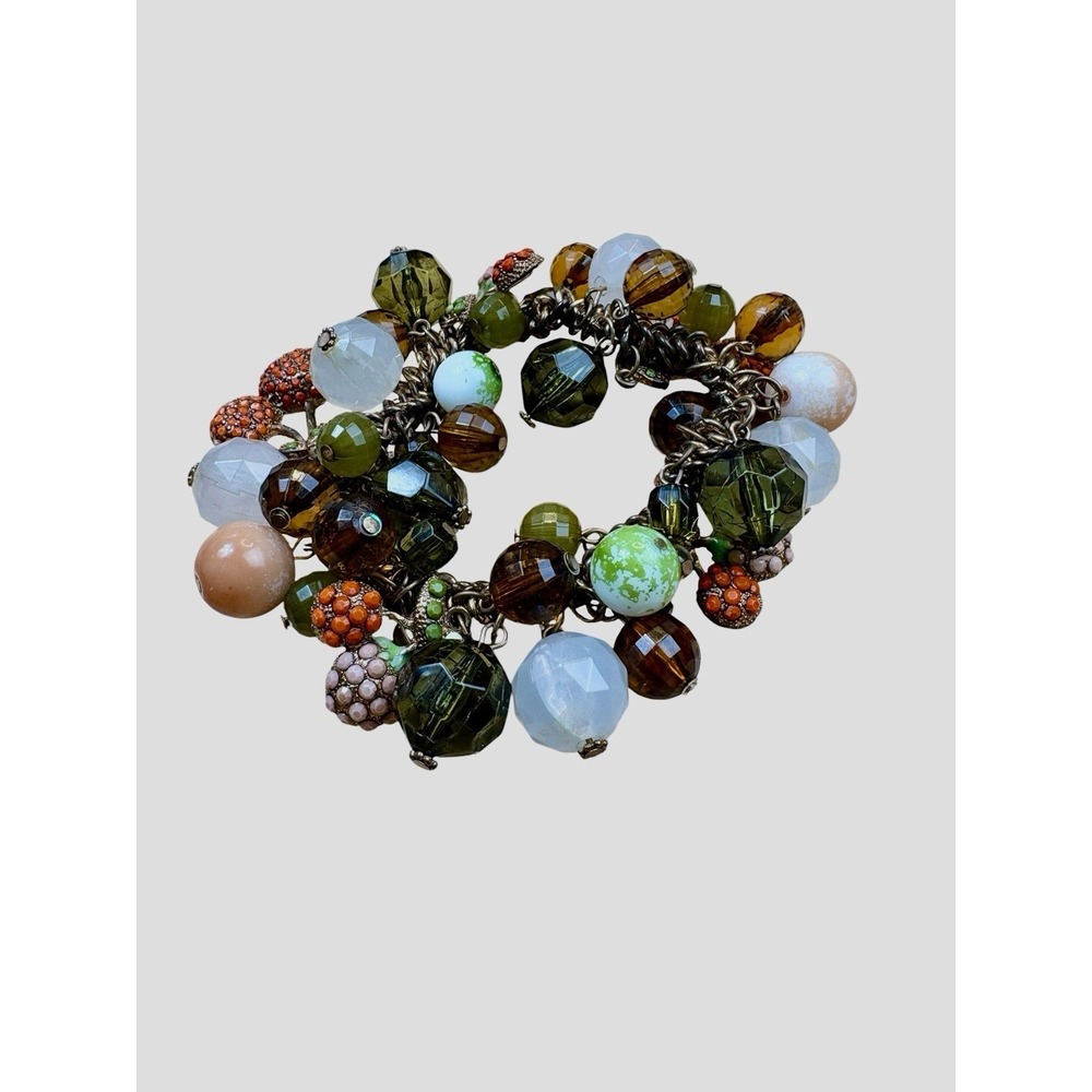 Chunky Glass Plastic Beaded Charm Bracelet Gold Tone Stretch Fruit Green Coral